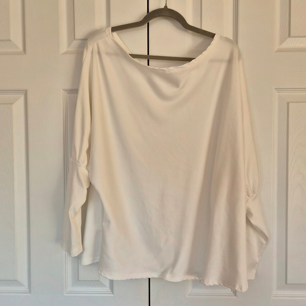 White Ribbed Boat Neck Oversized Lantern Sleeve Top 1XL Casual Chic Cozycore